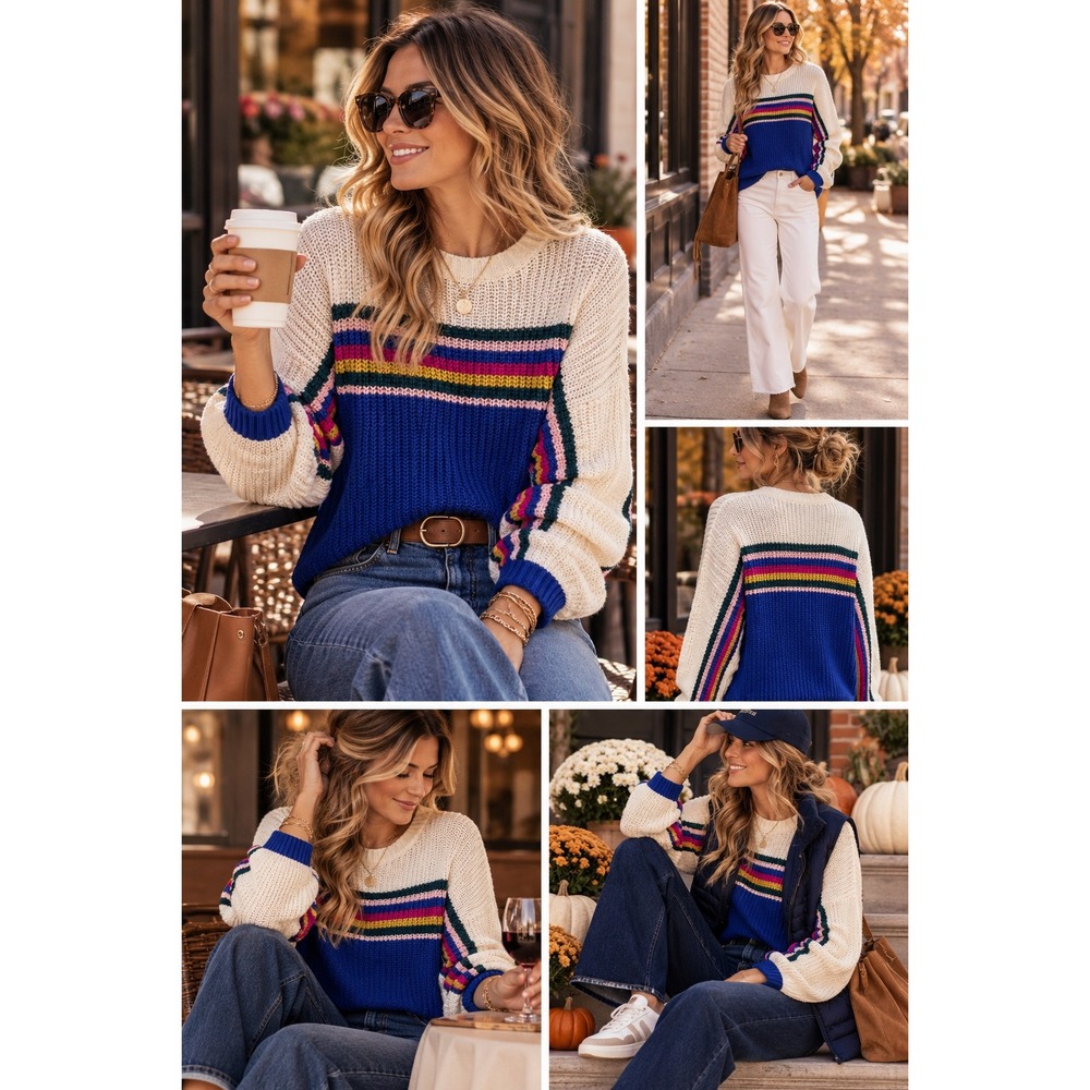 True Craft Womens Blue White Striped Shaker Knit Crew Neck Sweater Size M